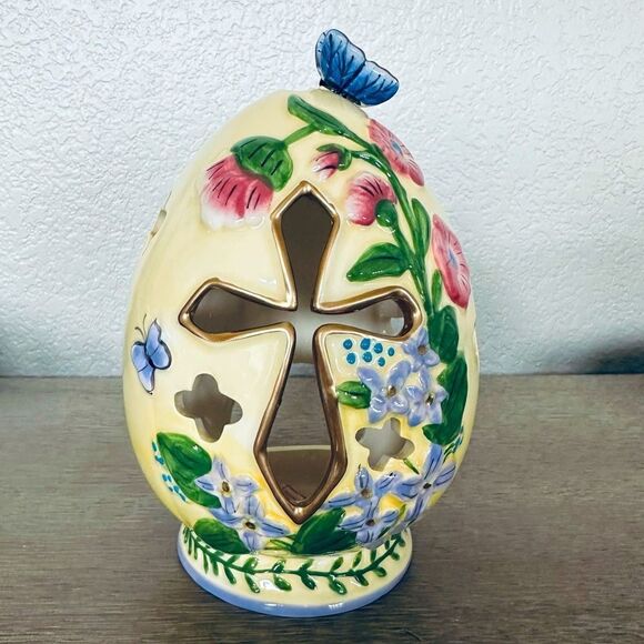 Blue Sky Ceramic Cross Easter Egg Spring Candle Holder - Picture 1 of 3